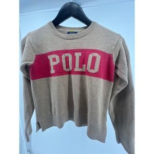 Kids Polo Ralph Lauren Sweater Size L G 12 14 Tan Pink Logo Crew Neck